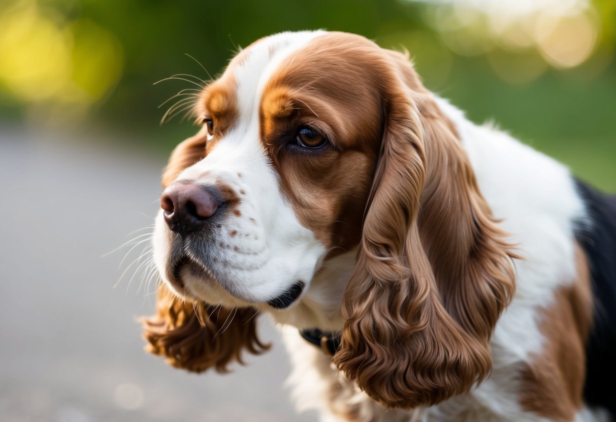 A cocker spaniel with a wrinkled ear, sniffing at a foul odor coming from its own ear