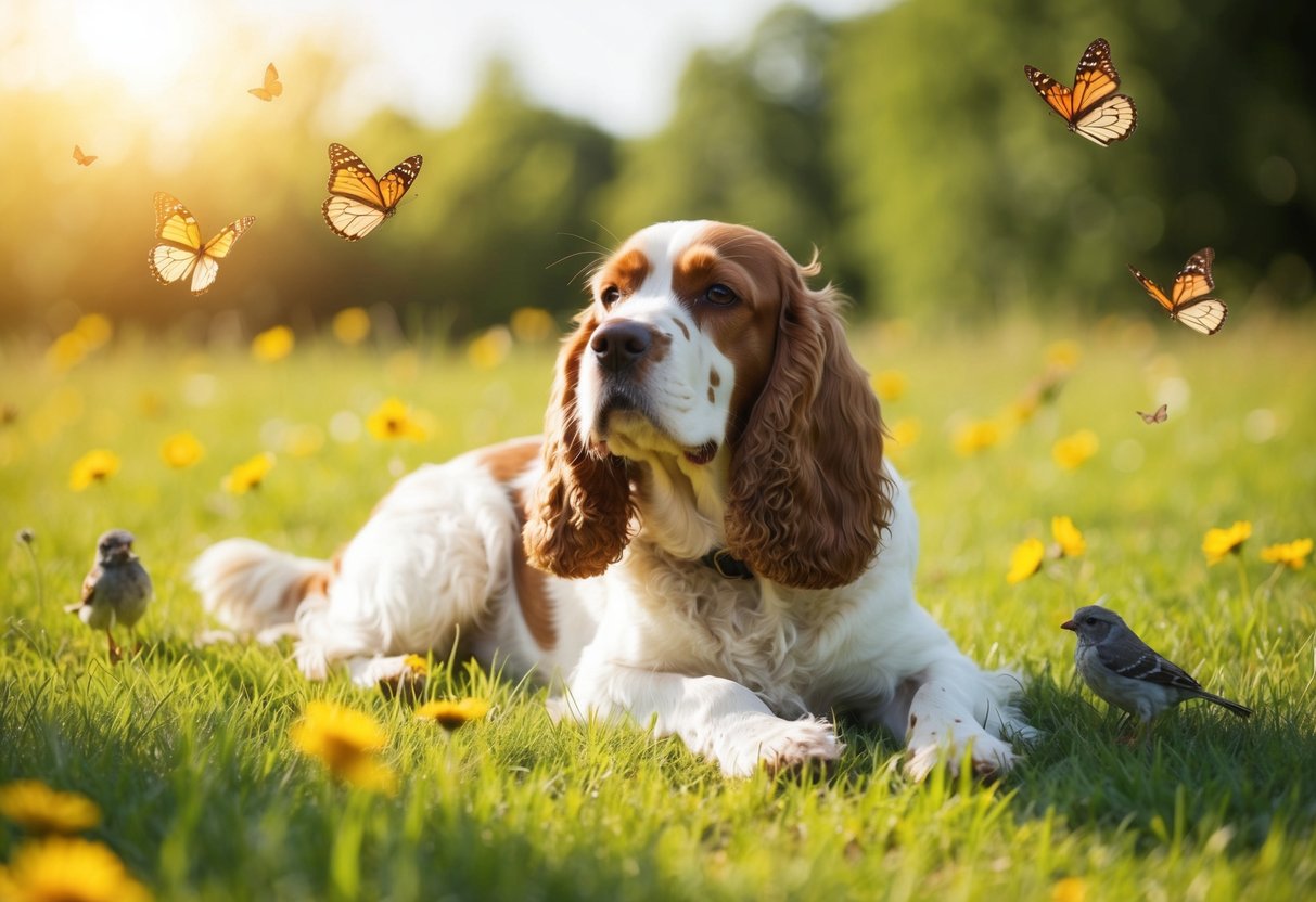 A contented cocker spaniel lies peacefully in a sunlit meadow, surrounded by fluttering butterflies and chirping birds