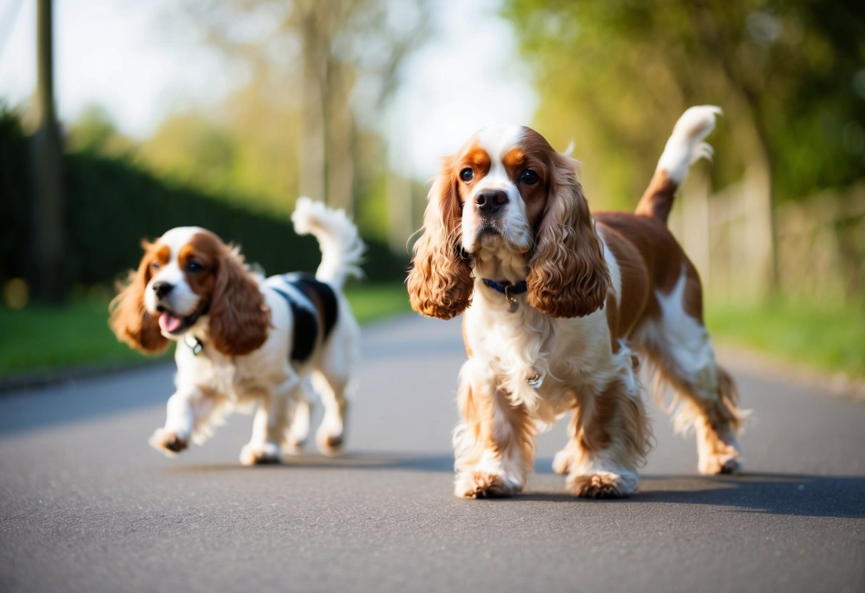 A cocker spaniel with a concerned expression limping on a walk, while another cocker spaniel plays happily nearby
