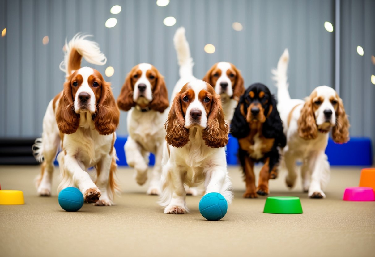 A group of cocker spaniels of varying ages engage in training exercises and socialization activities in a calm and controlled environment
