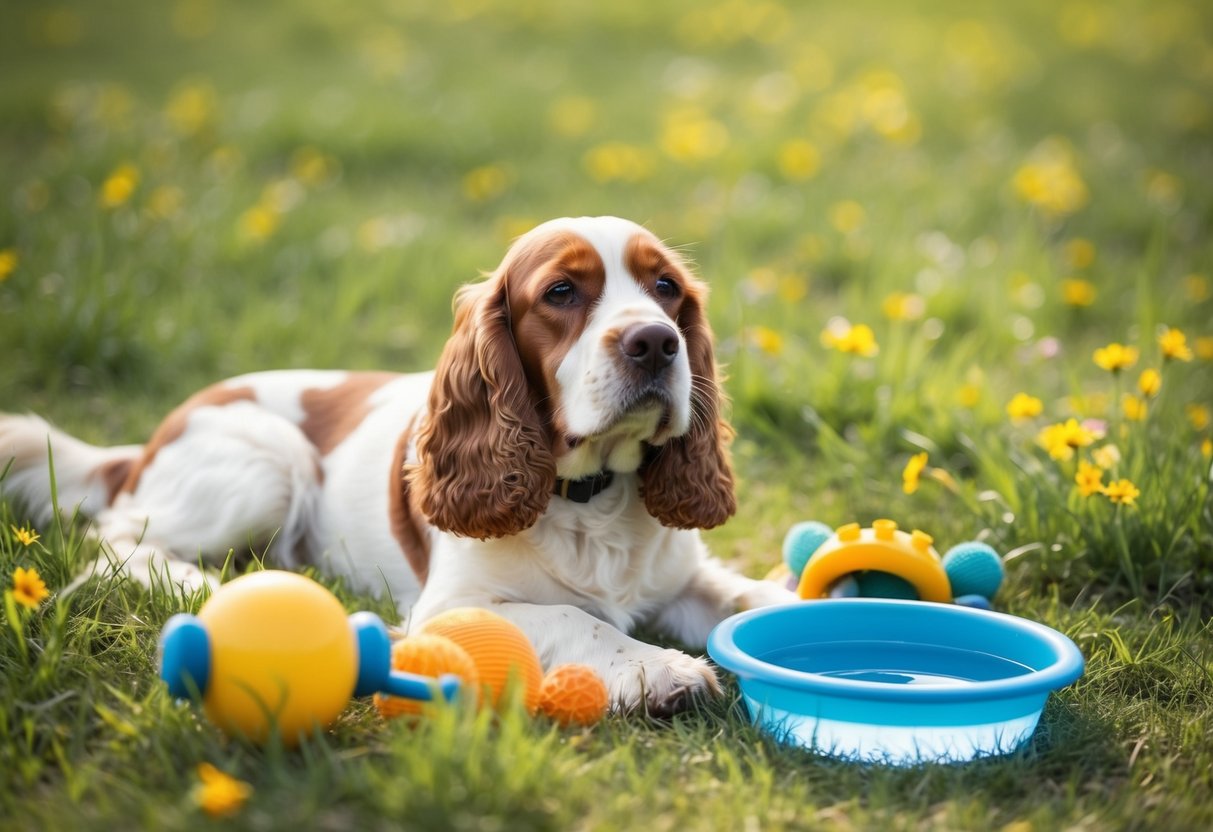 A contented cocker spaniel lies peacefully in a sun-dappled meadow, surrounded by toys and a water bowl