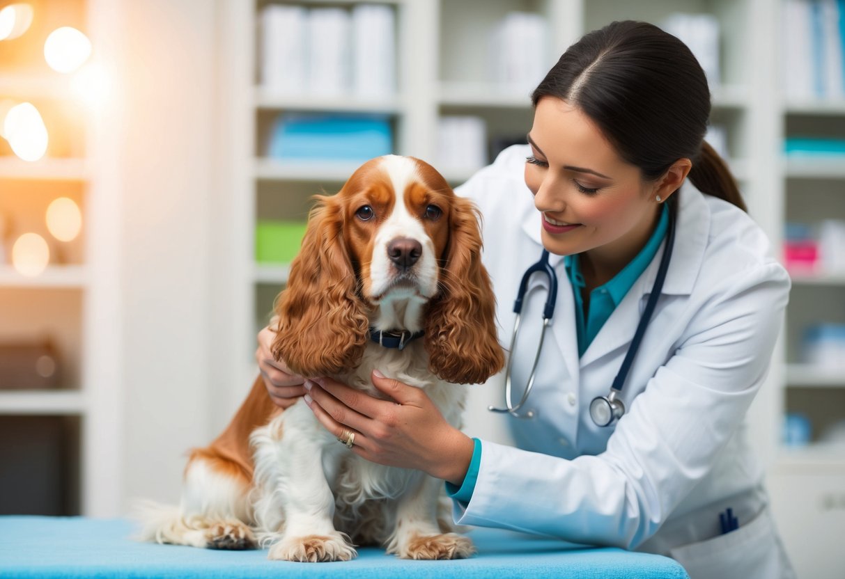 A veterinarian calming a cocker spaniel with gentle handling and soothing words