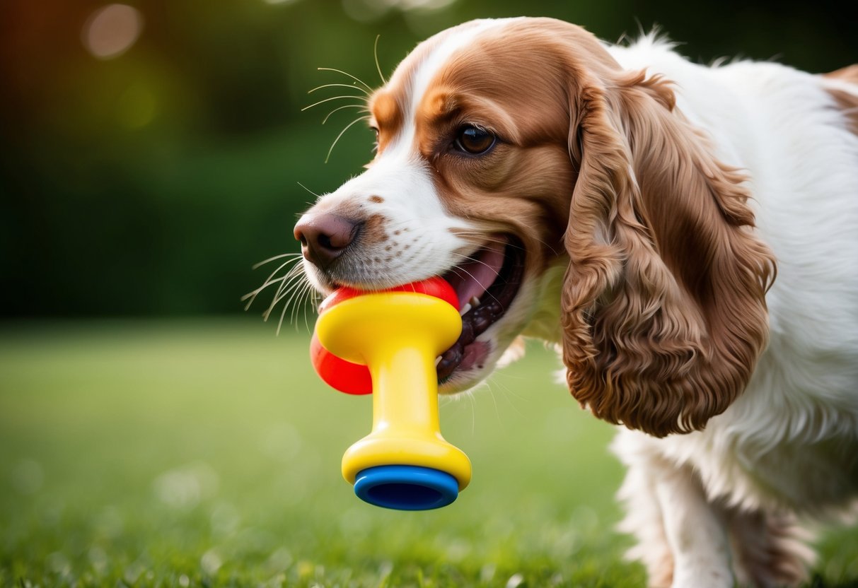 A cocker spaniel biting a chew toy vigorously