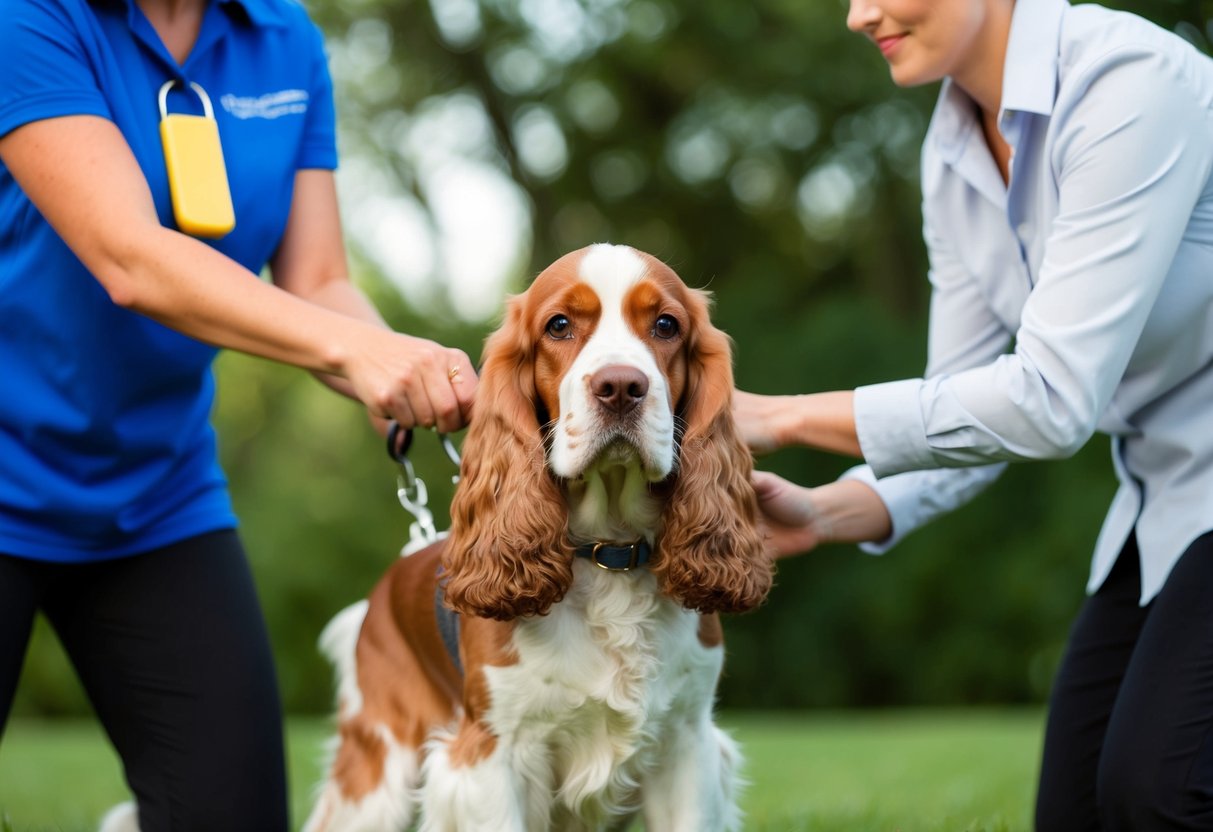 A cocker spaniel being trained and socialized with a professional using positive reinforcement techniques to discourage biting behavior