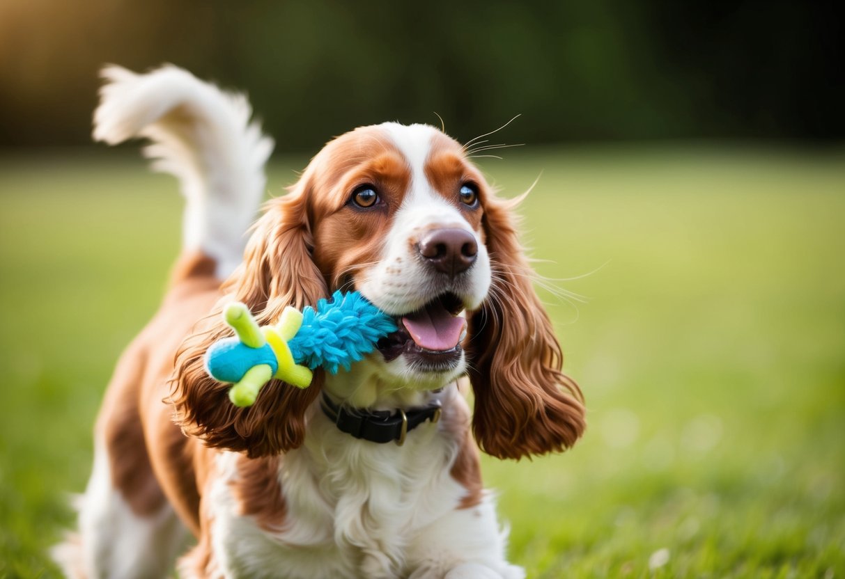 A cocker spaniel holds a toy in its mouth, tail wagging, eyes bright with excitement, as it eagerly awaits a game of fetch