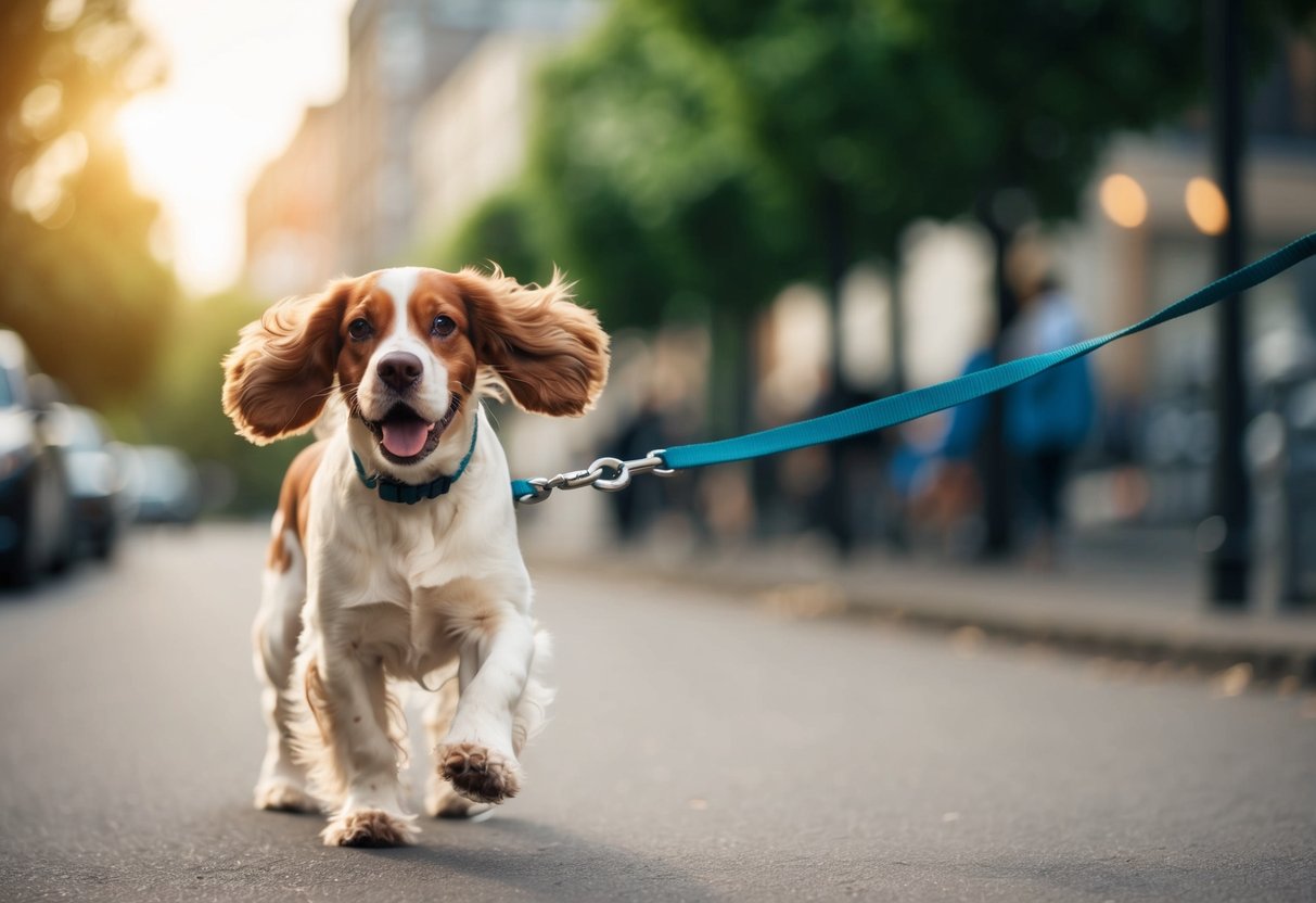 A cocker spaniel pulling on a leash during a walk, with its ears flapping and tail wagging