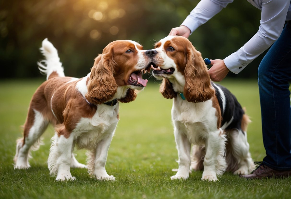 A cocker spaniel snarls and bares its teeth at another dog, while a person intervenes with a firm command and redirects the dog's attention