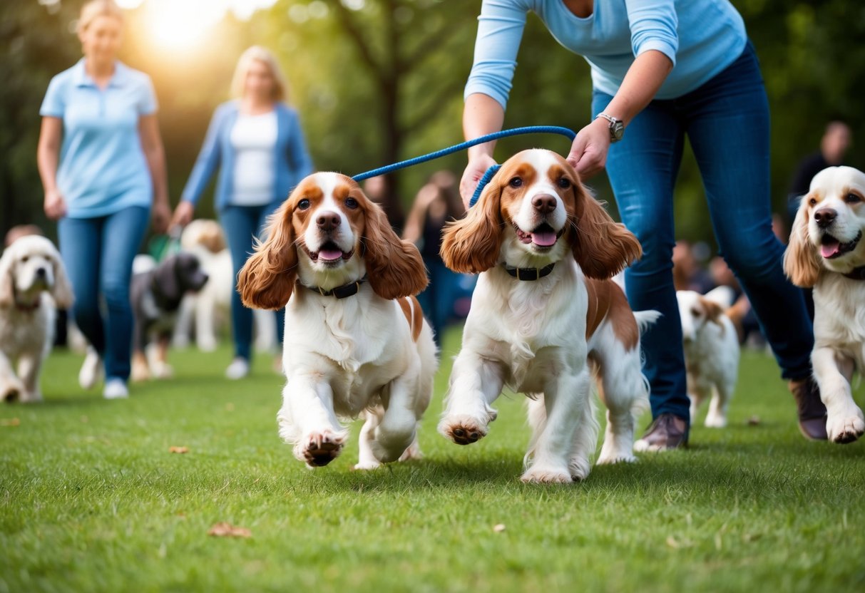 Two cocker spaniels playing in a park, surrounded by other dogs and people. They are being trained and socialized by their owner