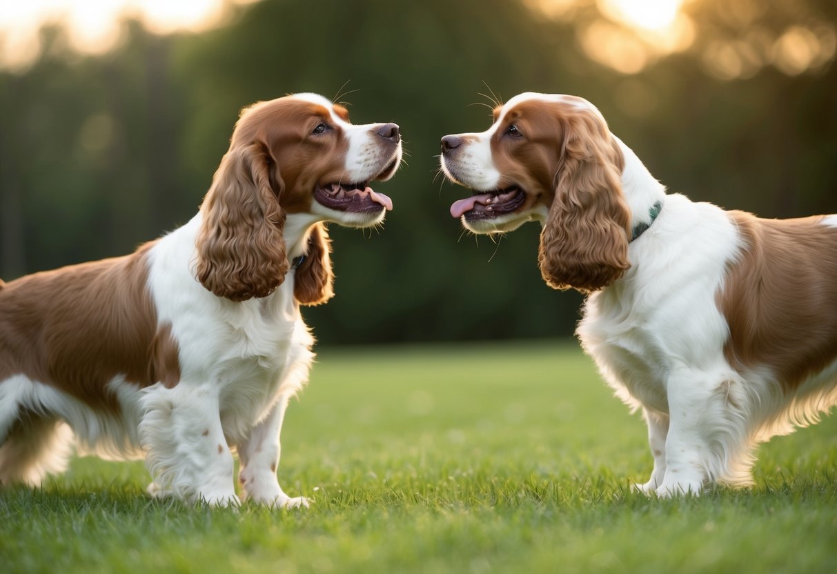 A cocker spaniel standing on hind legs, baring teeth at another dog