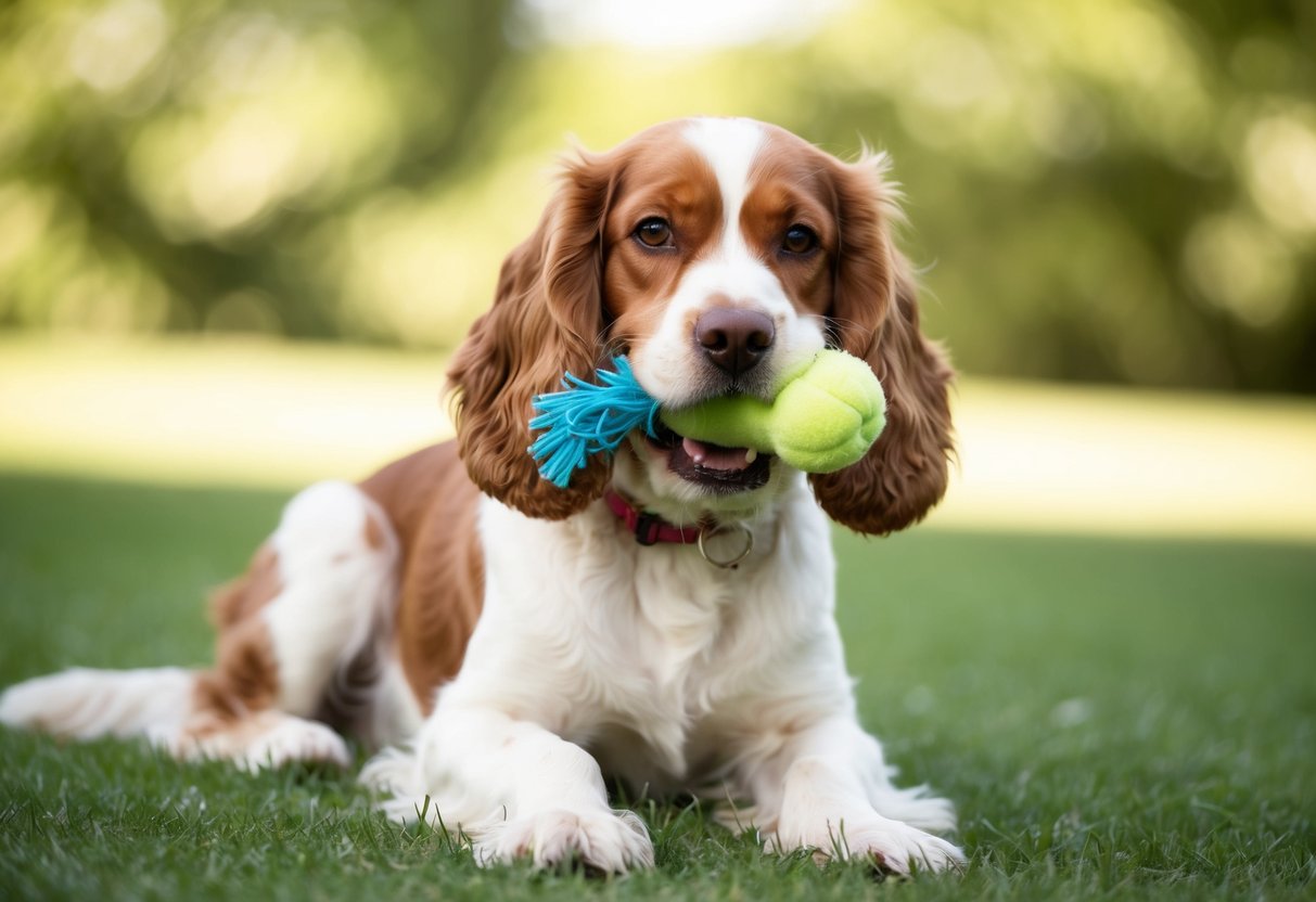 A cocker spaniel sits with a toy in its mouth, tail wagging. Its eyes are bright and its body is relaxed, showing contentment