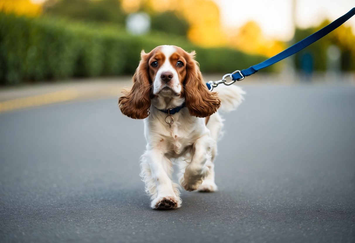 A cocker spaniel stubbornly refuses to obey commands, pulling on a leash during a walk and ignoring attempts at training