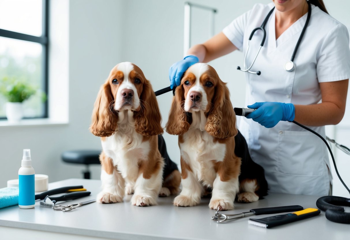 Two cocker spaniels being groomed by a veterinarian in a bright, spacious room with grooming tools and products scattered around
