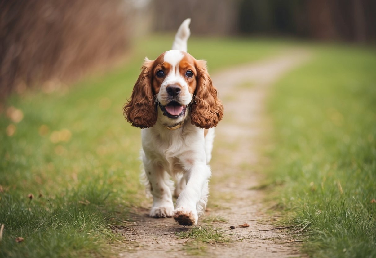 A 12-week-old cocker spaniel walks happily on a grassy path, exploring the world with curiosity and excitement