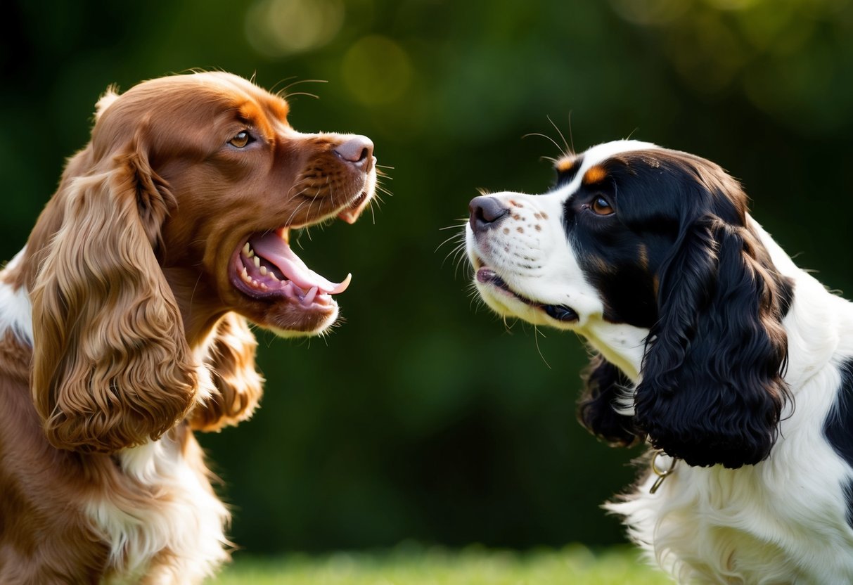 A brown cocker spaniel bares its teeth, growling at a black and white cocker spaniel