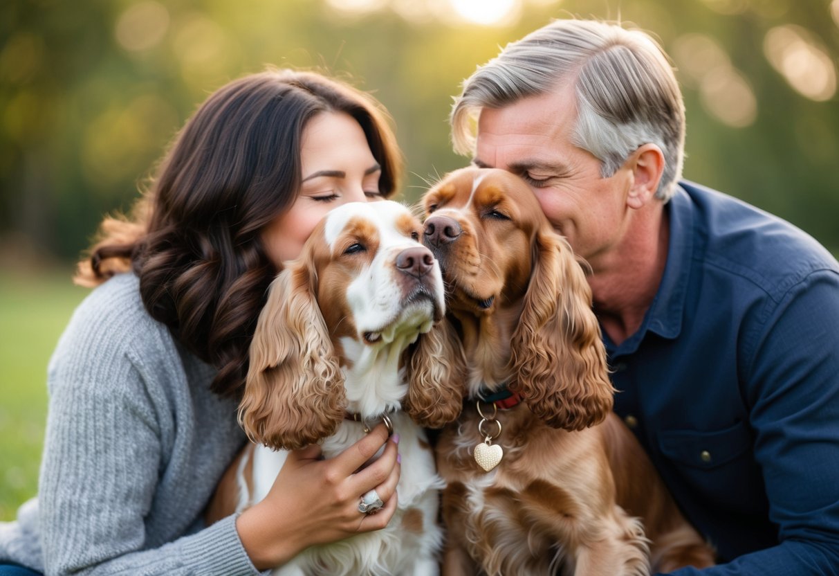 A male and female cocker spaniel snuggled up to their owner, wagging their tails and showering them with affection