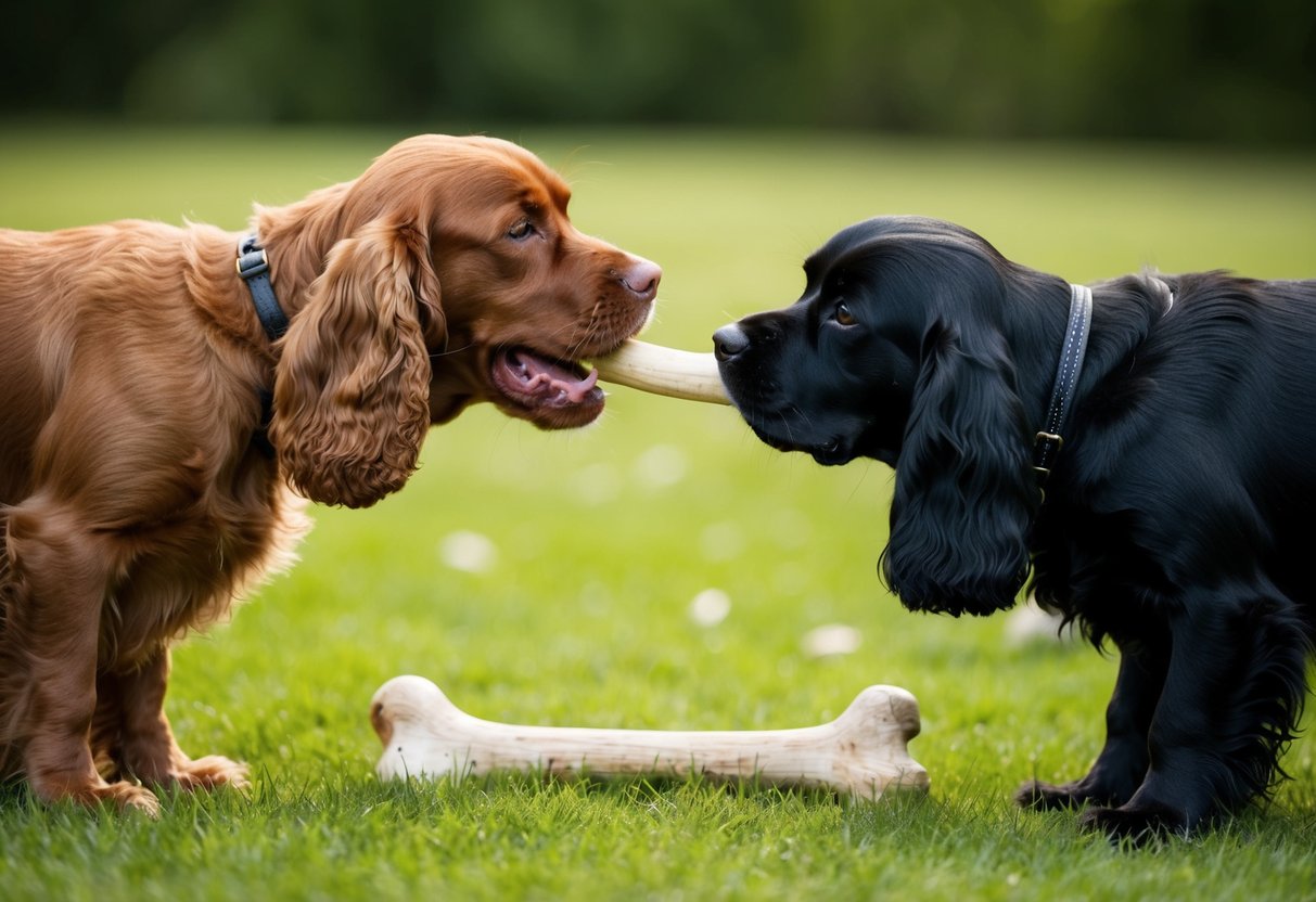 A brown cocker spaniel growls at a black cocker spaniel over a bone