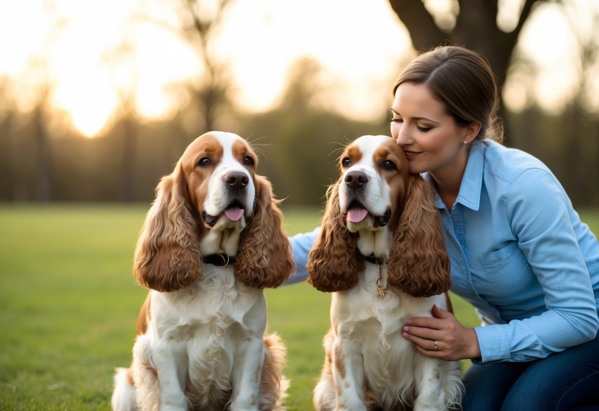 A male and female Cocker Spaniel sit side by side, both wagging their tails and leaning into their owner's touch with affectionate expressions
