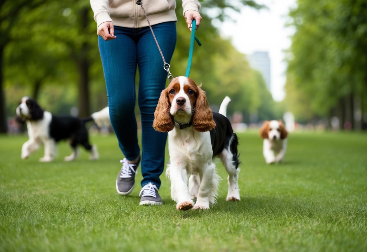 A 12-week-old cocker spaniel walking on a leash with a person in a park, surrounded by greenery and other dogs in the distance