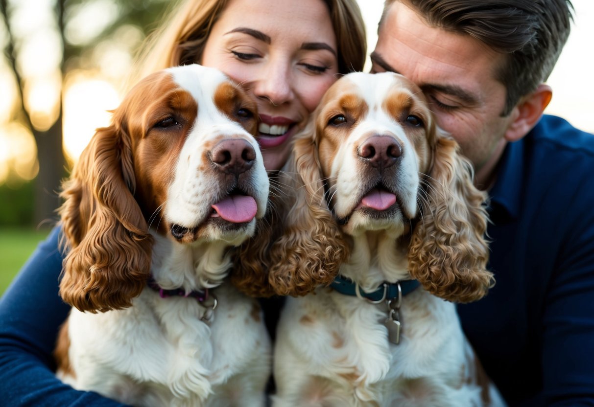 A male and female cocker spaniel cuddling with their owner, wagging their tails and licking their faces
