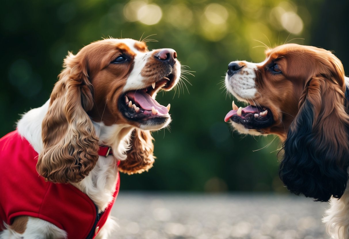 A snarling cocker spaniel with a red coat baring its teeth and growling at another dog