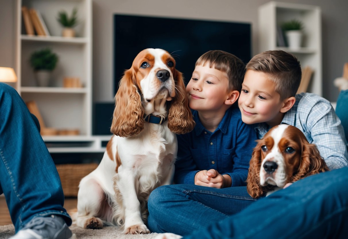 A female cocker spaniel nuzzles a child's cheek as a male cocker spaniel rests at the feet of a family watching TV