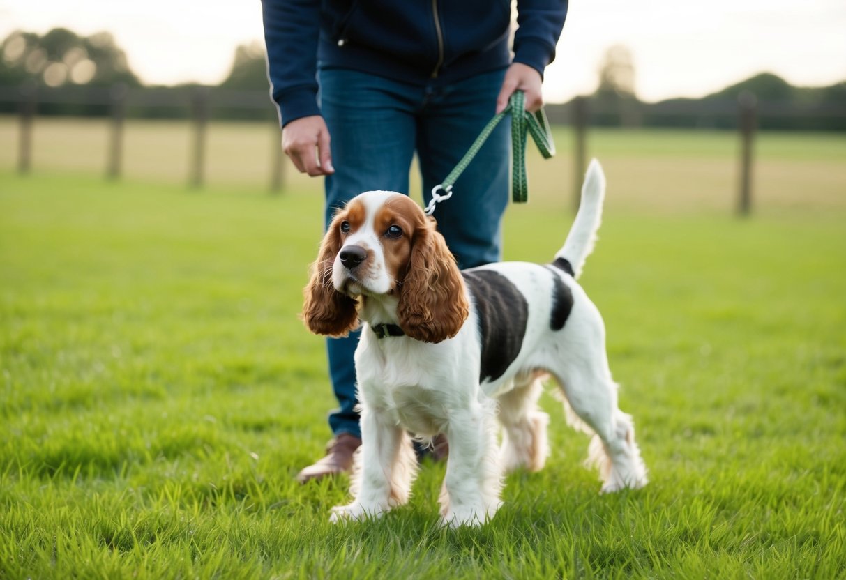 A cocker spaniel on a leash being held by a person standing in a grassy field with a fence in the background