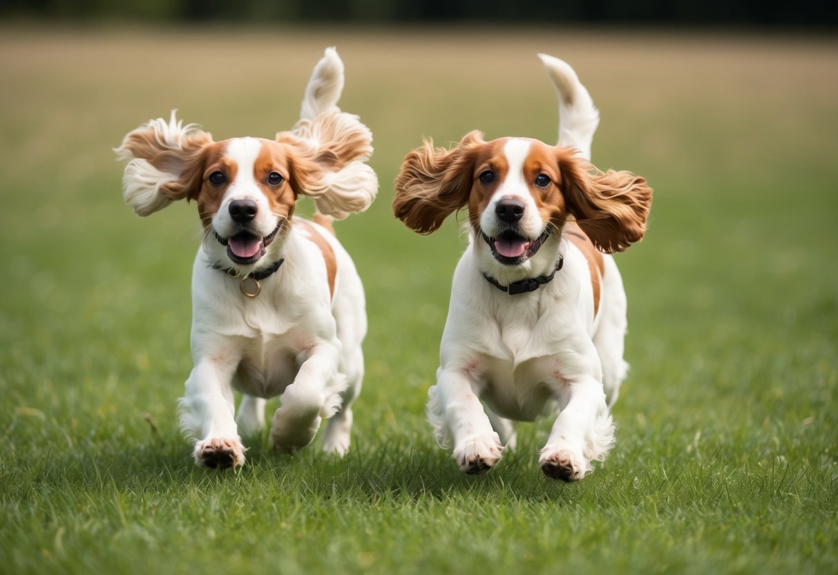Two cocker spaniels running freely in a grassy field, their ears flopping as they play and explore