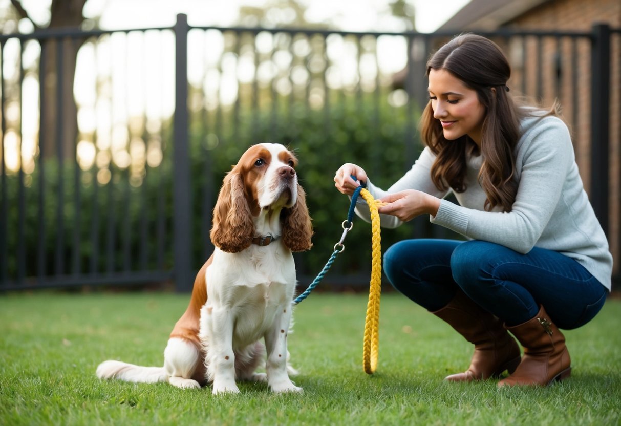 A cocker spaniel sitting attentively as its owner uses positive reinforcement to teach recall training in a fenced yard