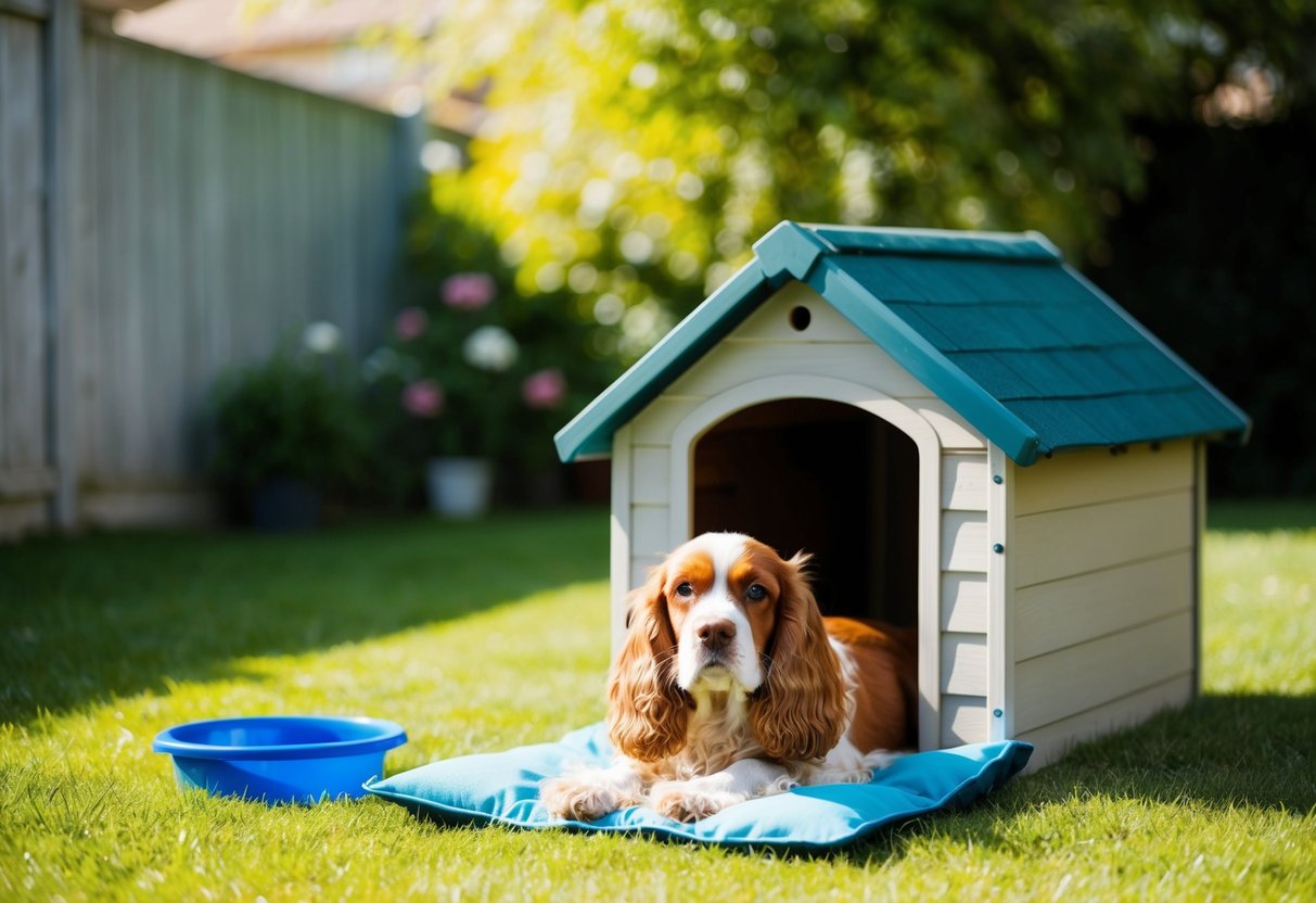 A sunny backyard with a cozy doghouse, a water bowl, and a cocker spaniel relaxing in the shade