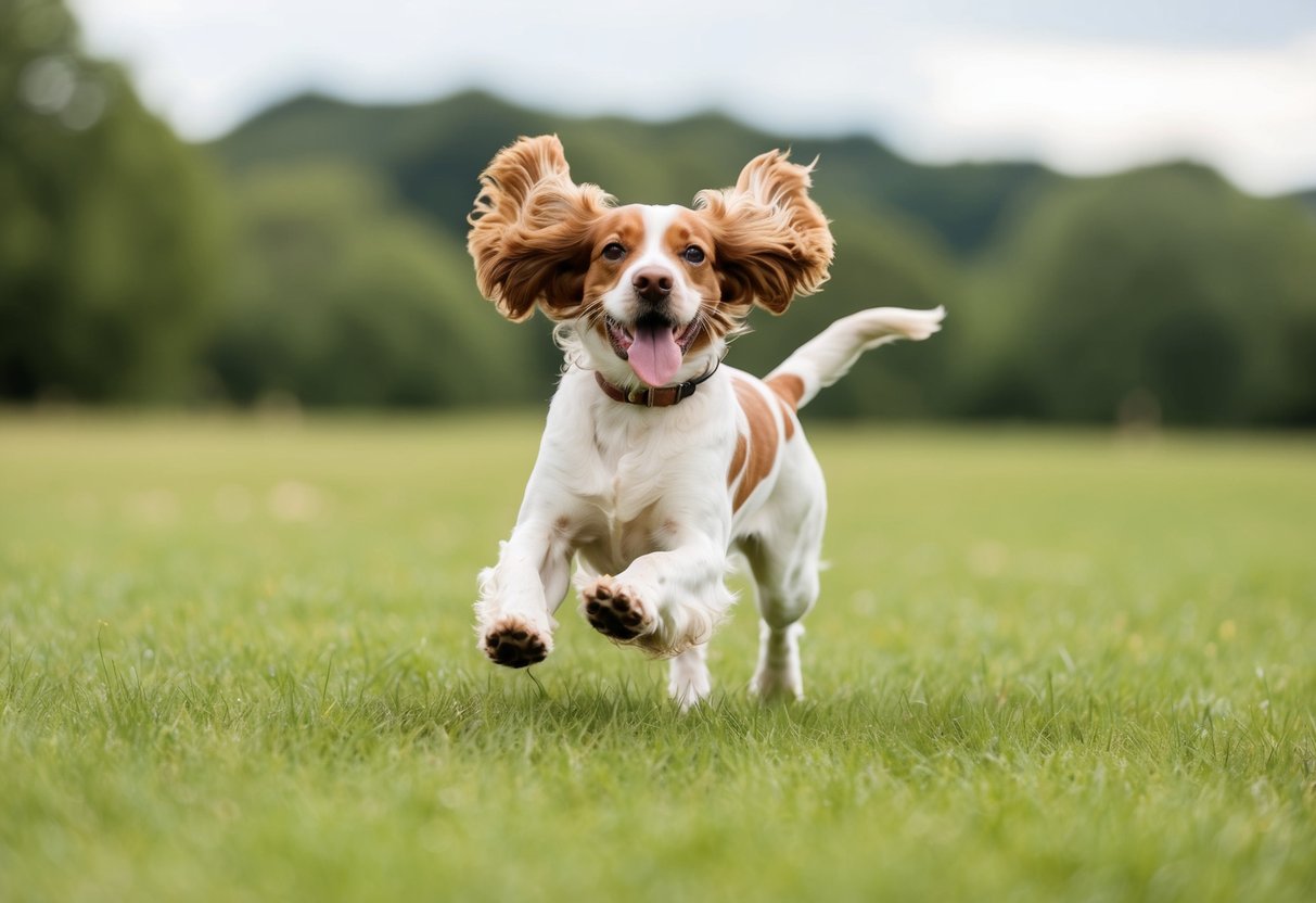 A Cocker Spaniel running freely in a grassy field, ears flapping, tail wagging, and tongue lolling in excitement
