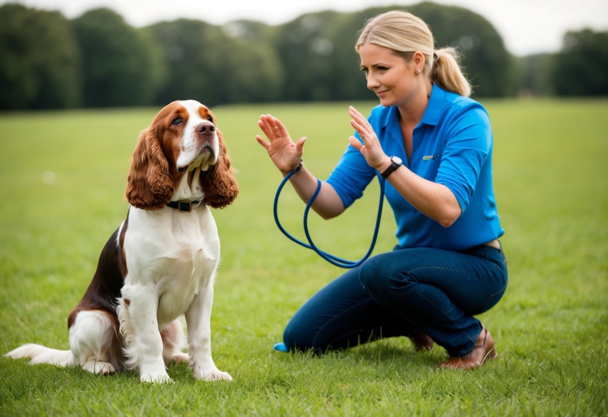 A cocker spaniel sits attentively as its owner demonstrates recall training in a grassy field, using positive reinforcement and hand gestures