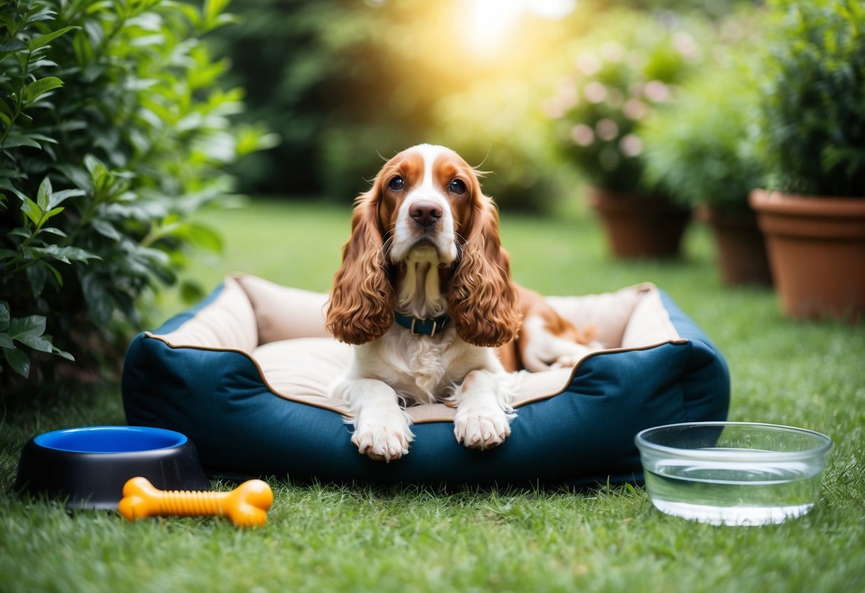 A Cocker Spaniel lies in a cozy outdoor dog bed, surrounded by lush greenery, with a water bowl and chew toy nearby