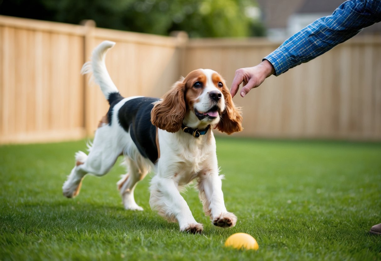A cocker spaniel is playing fetch in a fenced backyard, with a recall command being used to stop the dog from running off