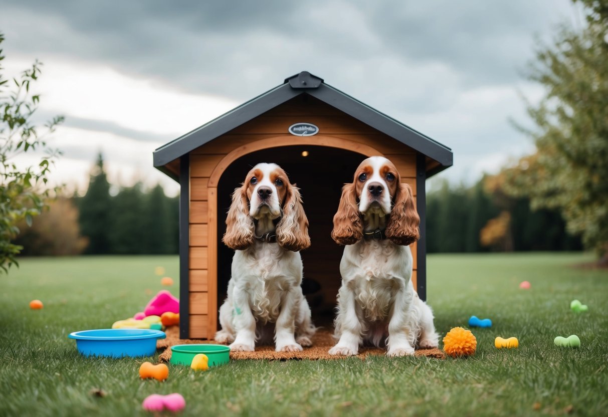 Two cocker spaniels sit outside a cozy doghouse, surrounded by scattered toys and a water bowl. The sky is overcast, with a gentle breeze rustling the nearby trees