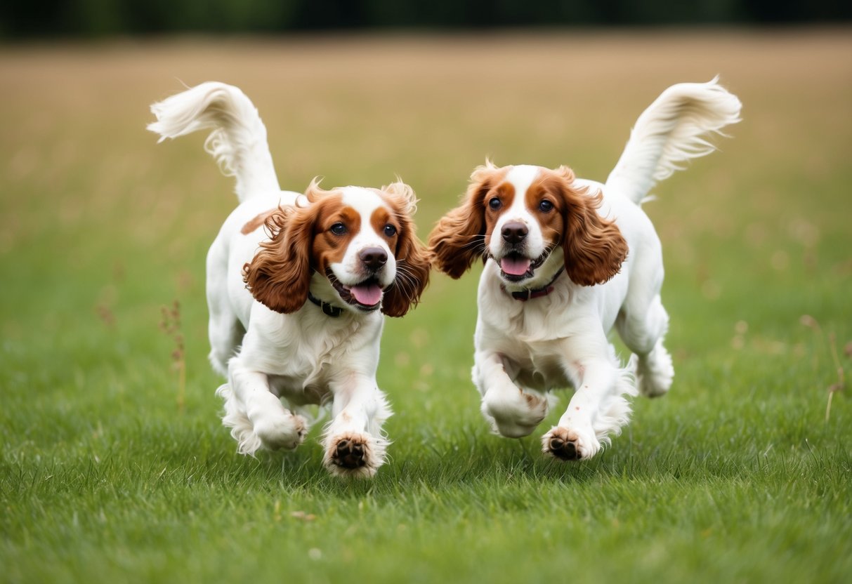 Two cocker spaniels running freely in a grassy field, their ears and tails in the air as they play and explore