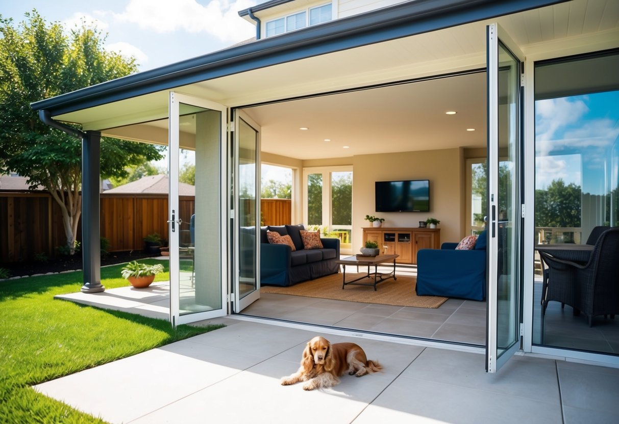 A cozy backyard with a spacious, covered area connected to a sunlit living room through large, open doors. A cocker spaniel lounges comfortably in the outdoor space