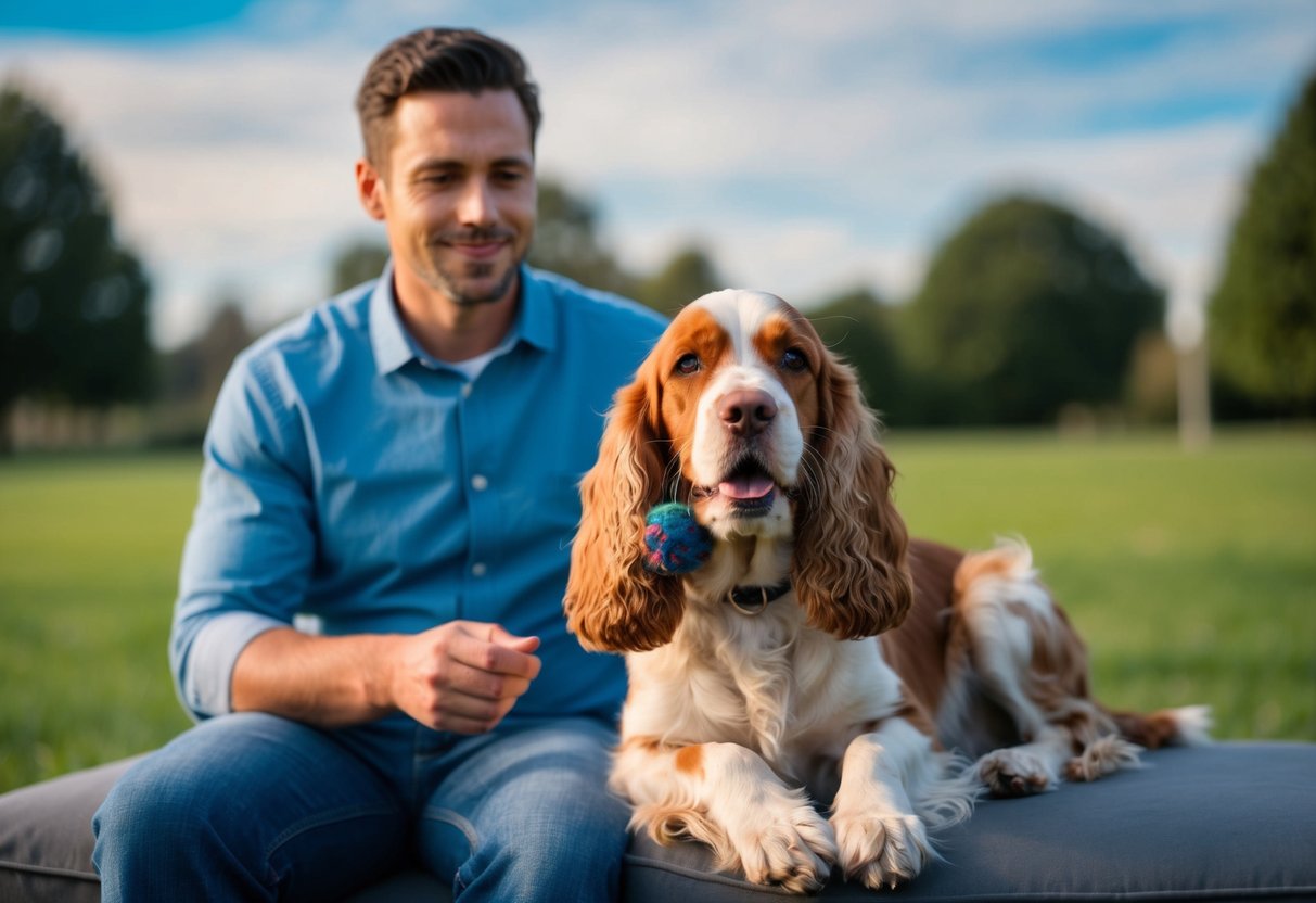 A cocker spaniel relaxes next to its owner, wagging its tail and playing with a toy, showing no signs of guarding behavior