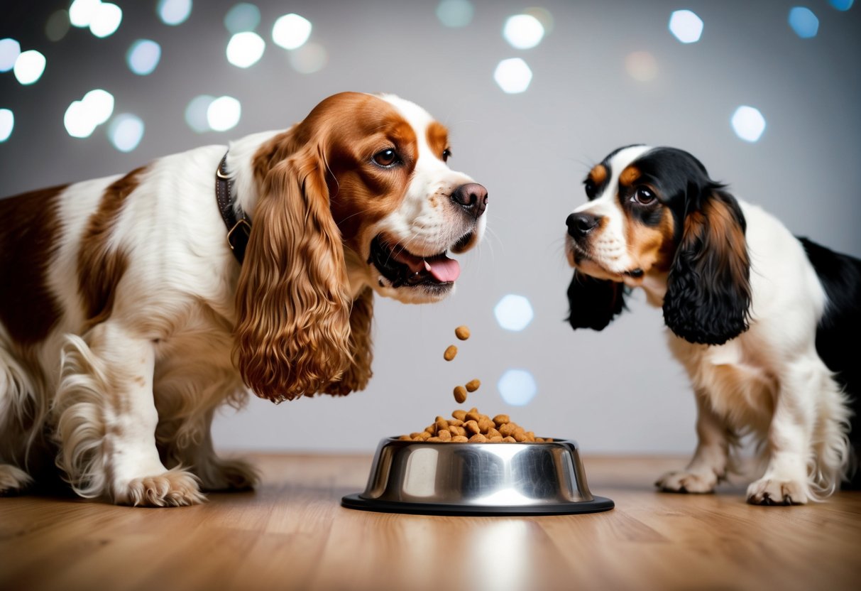 A Cocker Spaniel growls protectively over a food bowl, while another dog looks on nervously
