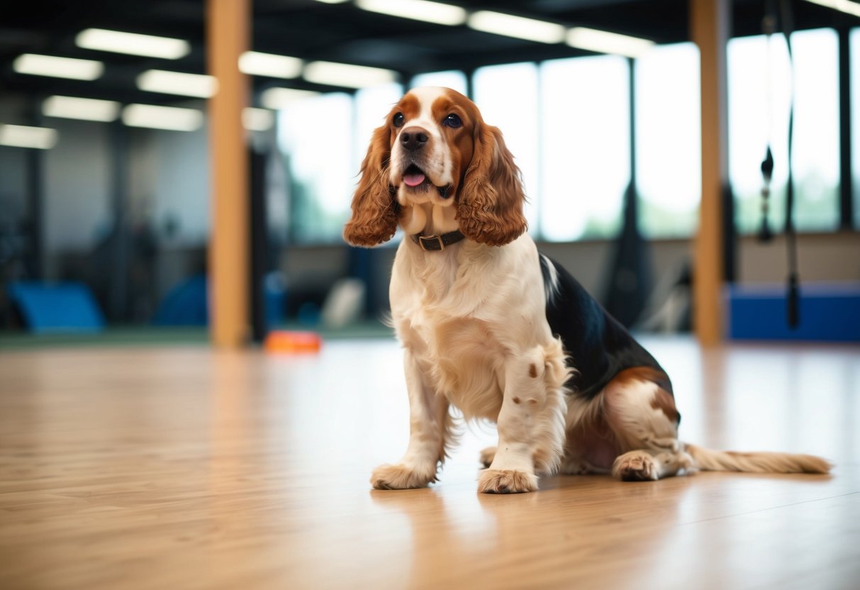 A cocker spaniel eagerly follows commands and performs tricks in a spacious, well-lit training area