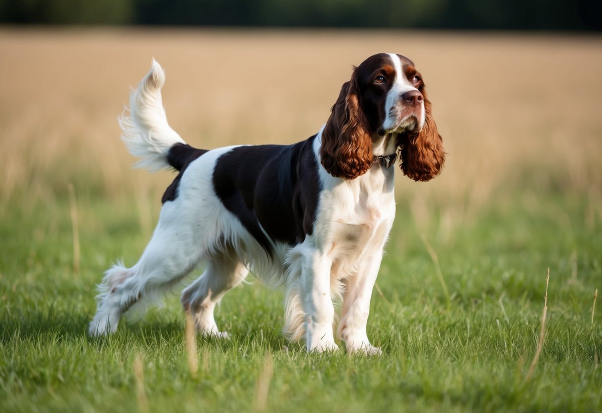 A working cocker spaniel stands alert in a field, tail wagging
