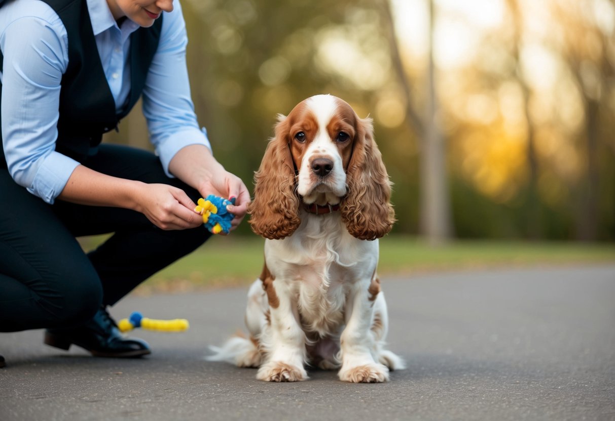 A cocker spaniel sits calmly as a trainer uses positive reinforcement to redirect its guarding behavior towards a toy or treat