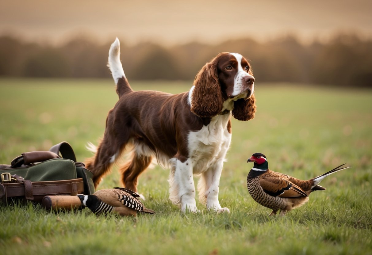 A working cocker spaniel with a docked tail stands alert in a field, surrounded by hunting gear and a game bird