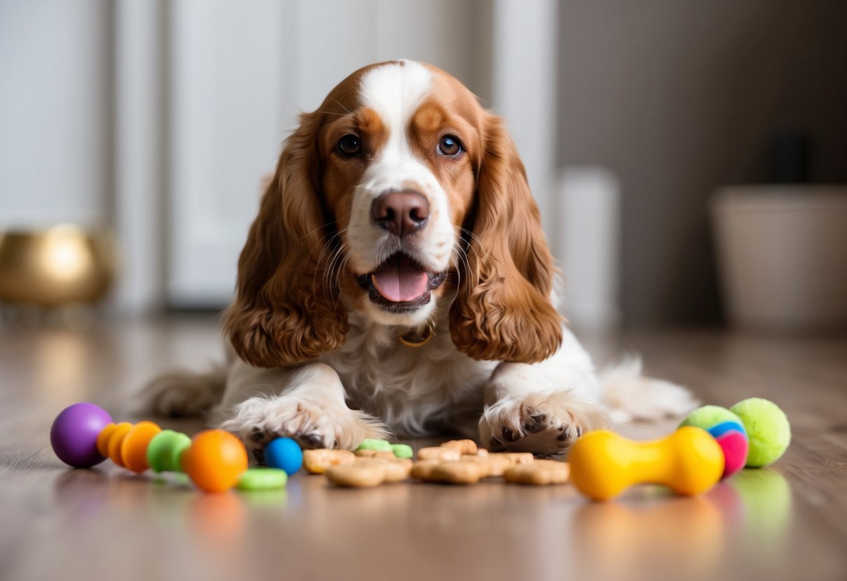 A Cocker Spaniel happily playing with a variety of toys and treats, showing no signs of guarding behavior