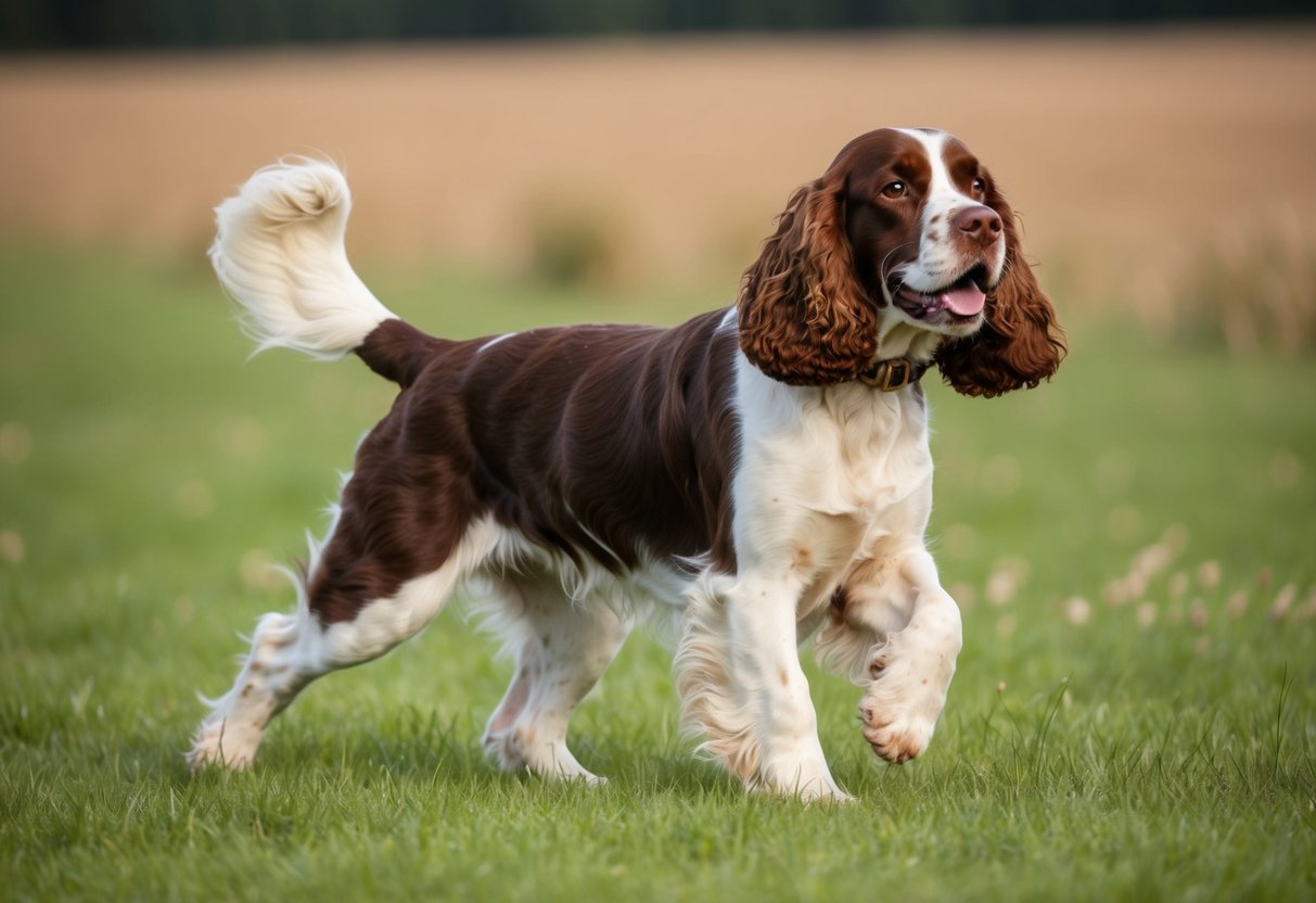 A working cocker spaniel with a docked tail in a field, displaying alert and energetic behavior