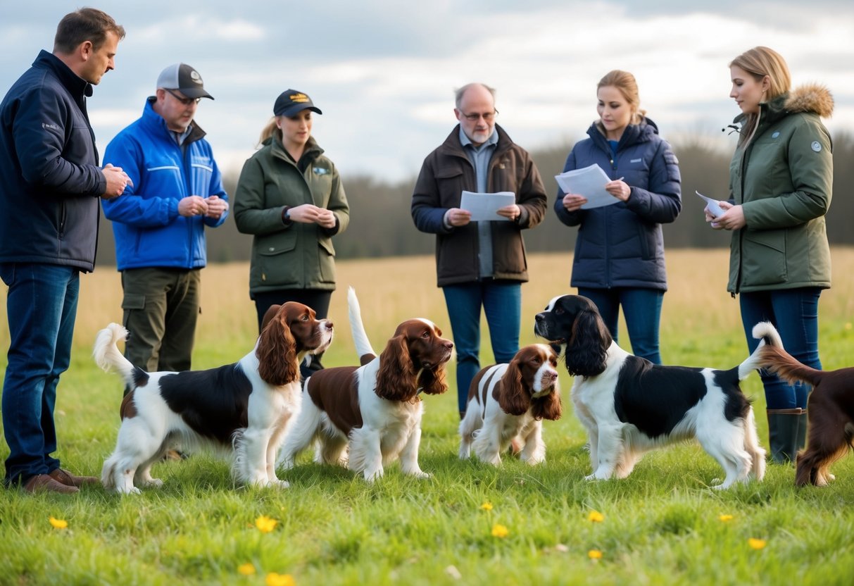 A group of working cocker spaniels, some with docked tails and others with natural tails, are gathered in a field. A veterinarian and a group of people are engaged in a discussion about the ethical considerations and alternative perspectives of tail docking