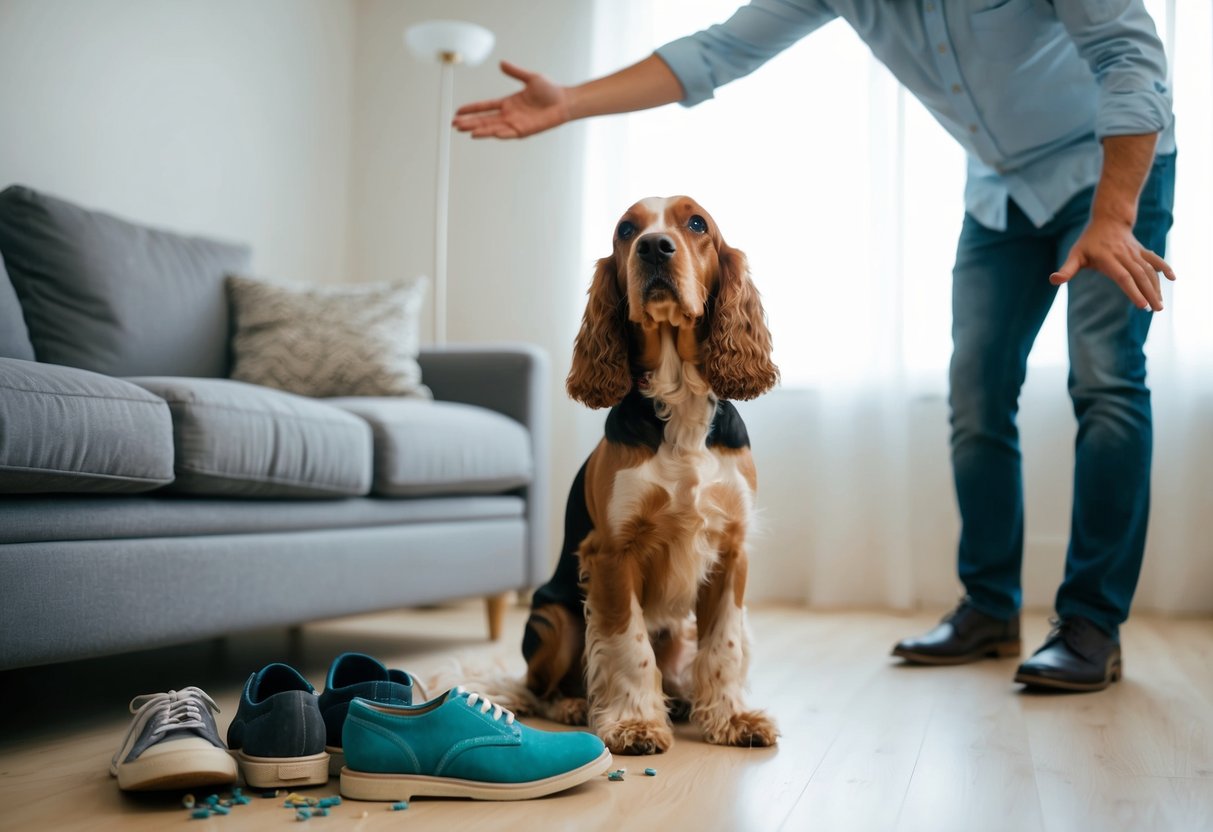 A cocker spaniel sits obediently next to a pile of chewed shoes, while a frustrated owner gestures towards a torn couch
