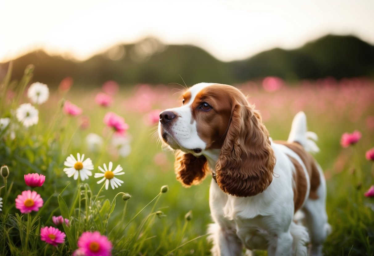 A cocker spaniel sniffs the air, surrounded by flowers and grass
