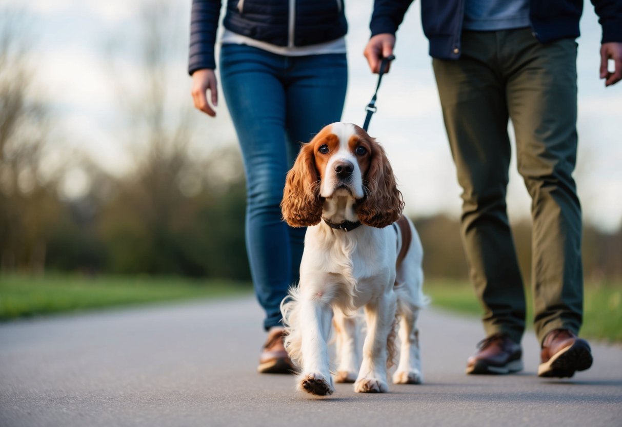 A cocker spaniel walking calmly and closely beside its owner on a leash, with the owner's attention focused on the dog