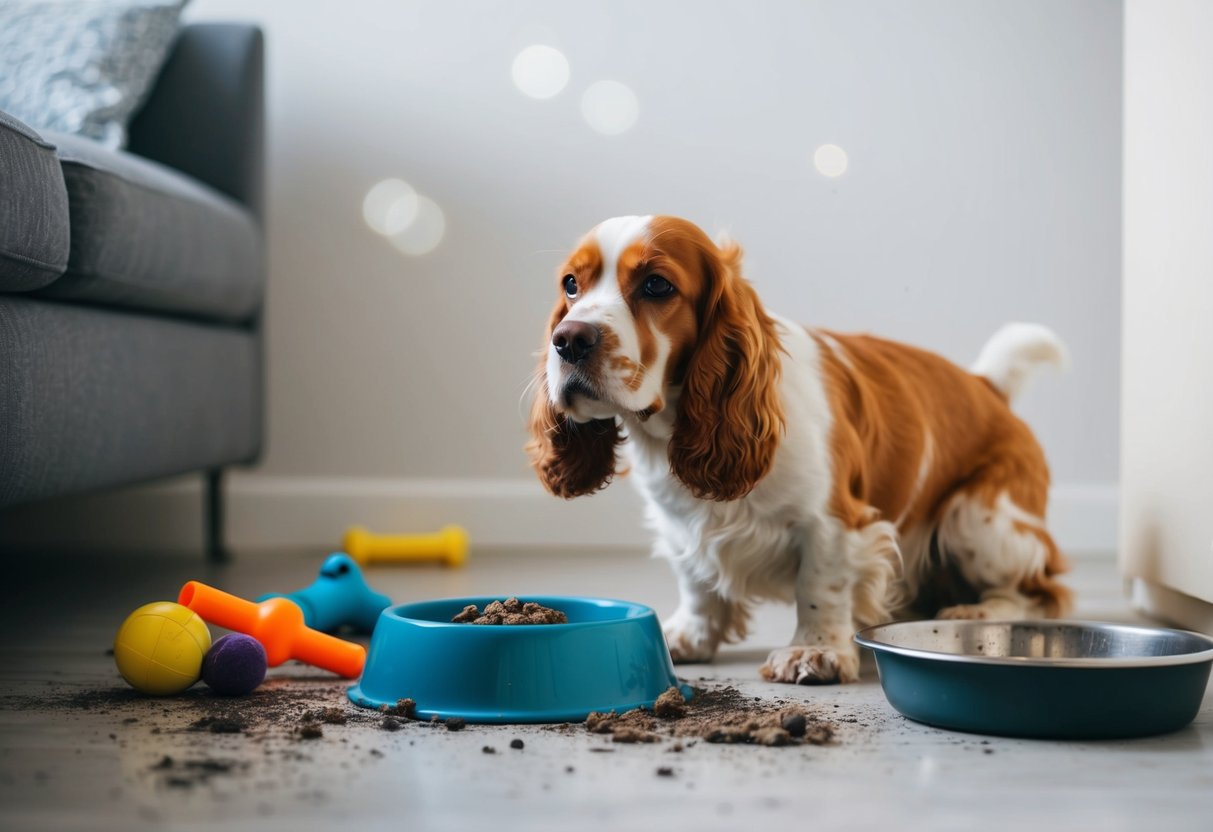 A cocker spaniel sniffs the air, surrounded by dirty toys and a food bowl. A faint odor lingers in the room