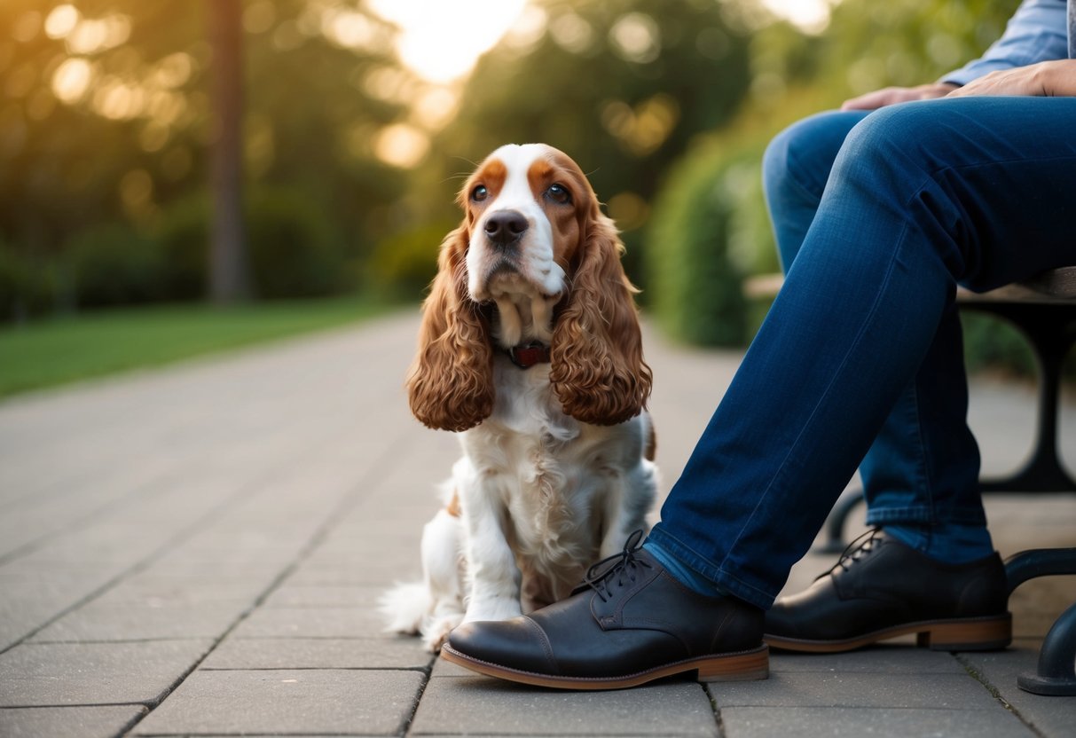 A cocker spaniel nuzzles a person's feet while they sit on a bench, looking up with sympathetic eyes